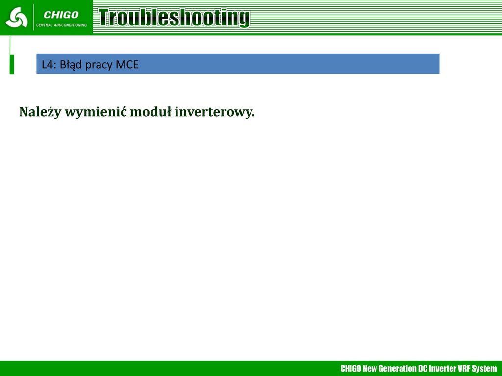 Troubleshooting L4: Błąd pracy MCE Należy wymienić moduł inverterowy.