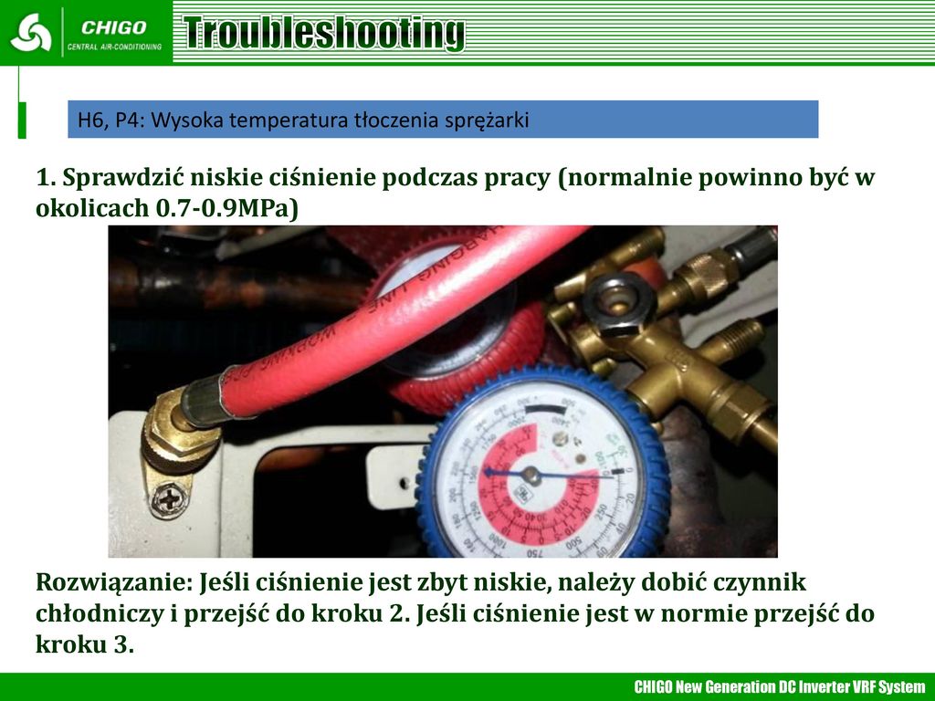 Troubleshooting H6, P4: Wysoka temperatura tłoczenia sprężarki.