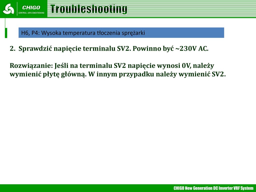 Troubleshooting H6, P4: Wysoka temperatura tłoczenia sprężarki. 2. Sprawdzić napięcie terminalu SV2. Powinno być ~230V AC.