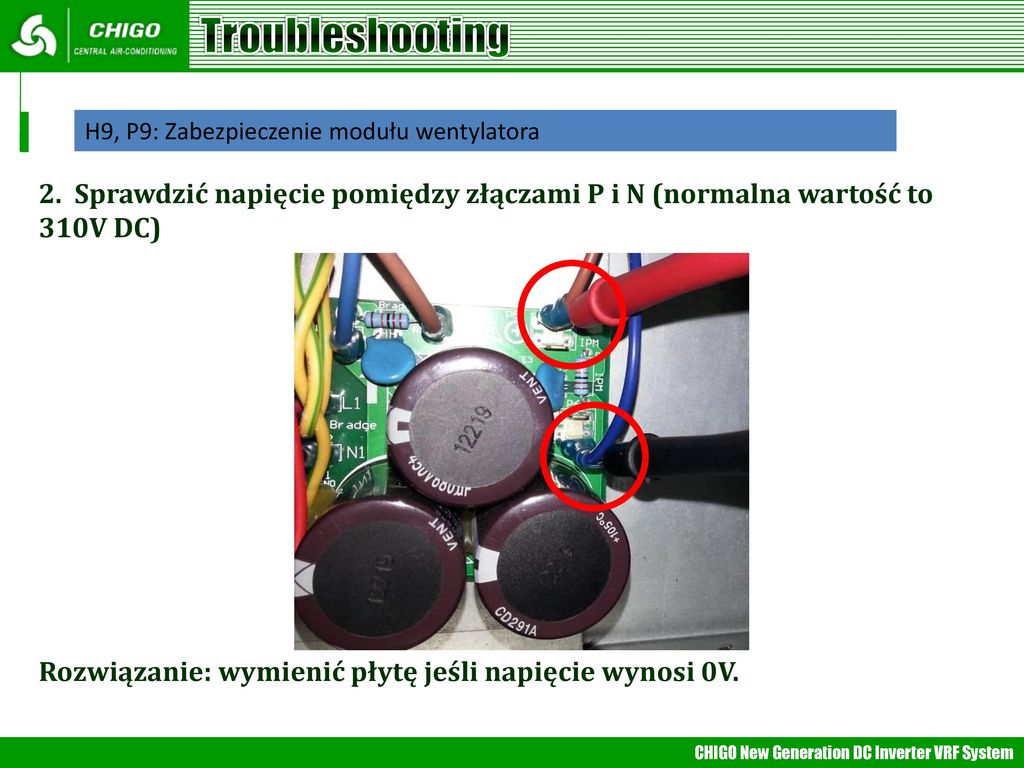 Troubleshooting H9, P9: Zabezpieczenie modułu wentylatora. 2. Sprawdzić napięcie pomiędzy złączami P i N (normalna wartość to 310V DC)