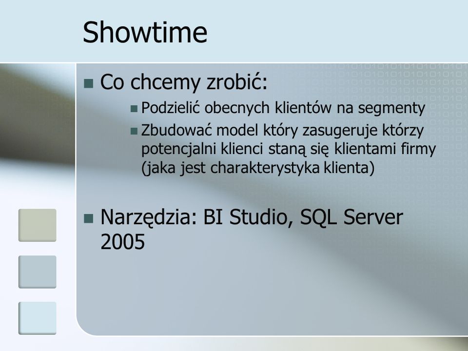 Showtime Co chcemy zrobić: Narzędzia: BI Studio, SQL Server 2005