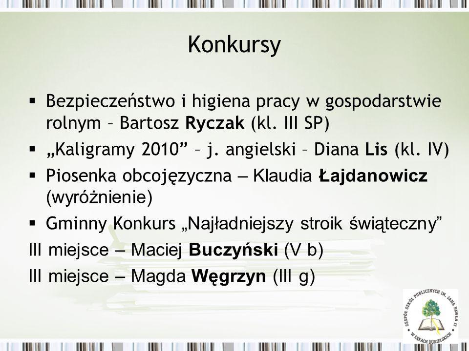 Konkursy Bezpieczeństwo i higiena pracy w gospodarstwie rolnym – Bartosz Ryczak (kl. III SP) „Kaligramy 2010 – j. angielski – Diana Lis (kl. IV)