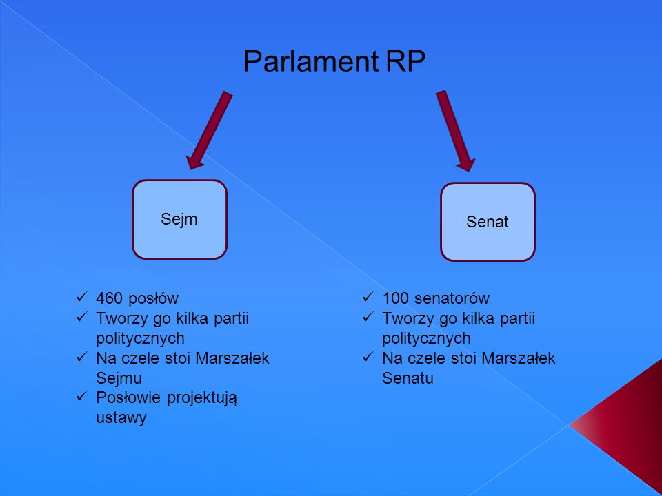 Parlament RP Sejm Senat 460 posłów Tworzy go kilka partii politycznych