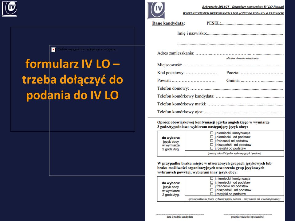 formularz IV LO – trzeba dołączyć do podania do IV LO