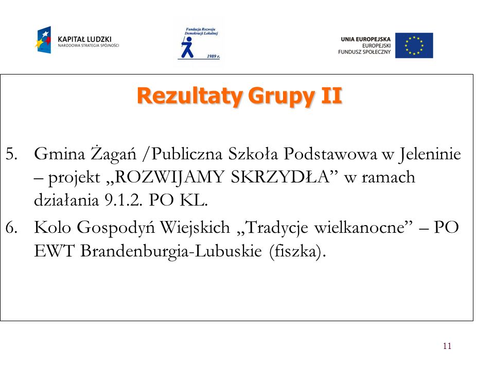 Rezultaty Grupy II Gmina Żagań /Publiczna Szkoła Podstawowa w Jeleninie – projekt „ROZWIJAMY SKRZYDŁA w ramach działania PO KL.