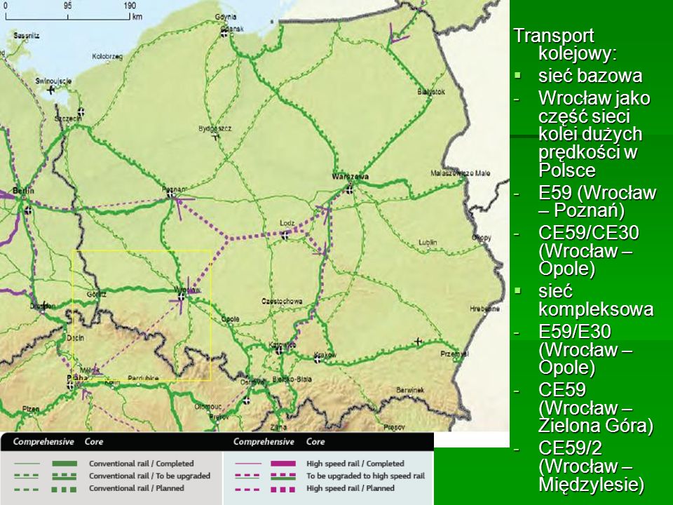 Transport kolejowy: sieć bazowa. Wrocław jako część sieci kolei dużych prędkości w Polsce. E59 (Wrocław – Poznań)