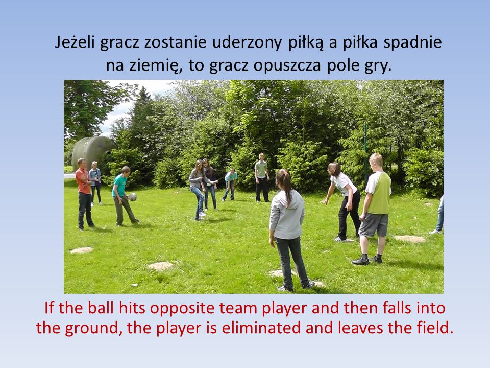 Jeżeli gracz zostanie uderzony piłką a piłka spadnie na ziemię, to gracz opuszcza pole gry.