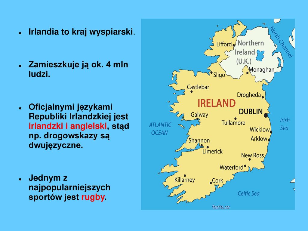 Irlandia to kraj wyspiarski. Zamieszkuje ją ok. 4 mln ludzi.
