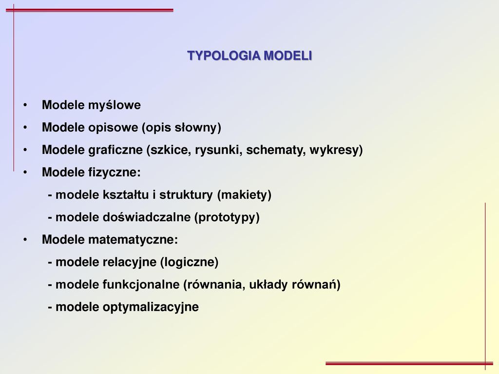 TYPOLOGIA MODELI Modele myślowe. Modele opisowe (opis słowny) Modele graficzne (szkice, rysunki, schematy, wykresy)