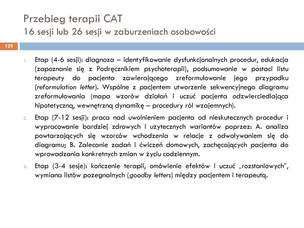 Przebieg terapii CAT 16 sesji lub 26 sesji w zaburzeniach osobowości