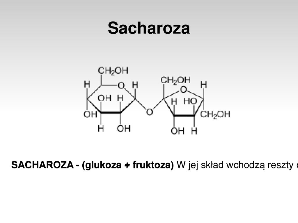 Sacharoza SACHAROZA - (glukoza + fruktoza) W jej skład wchodzą reszty cząsteczek α-glukozy i β-fruktozy, połączone wiązaniem 1,2-glikozydowym .