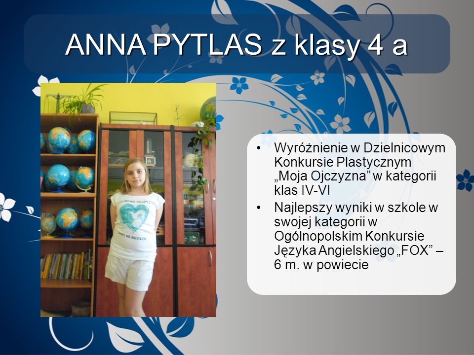 ANNA PYTLAS z klasy 4 a Wyróżnienie w Dzielnicowym Konkursie Plastycznym „Moja Ojczyzna w kategorii klas IV-VI.