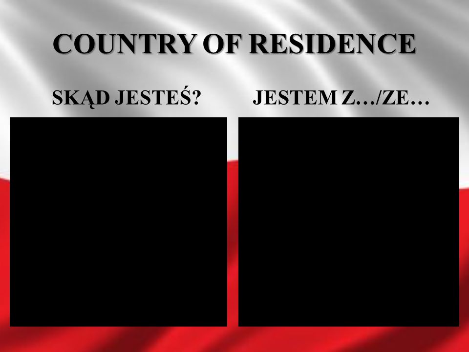 COUNTRY OF RESIDENCE SKĄD JESTEŚ JESTEM Z…/ZE…