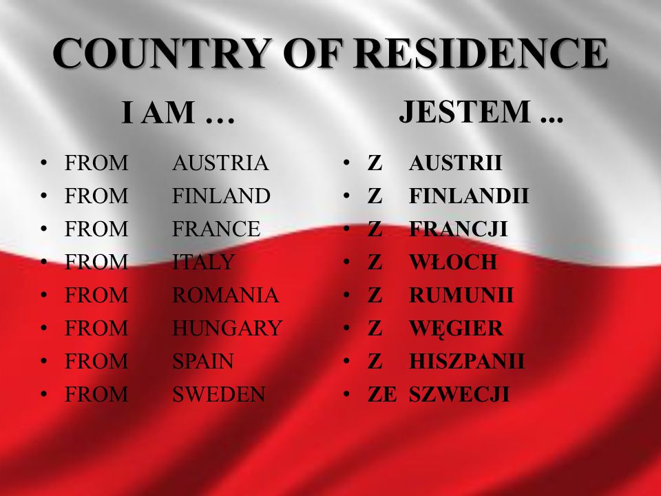 COUNTRY OF RESIDENCE I AM … JESTEM ... FROM AUSTRIA FROM FINLAND
