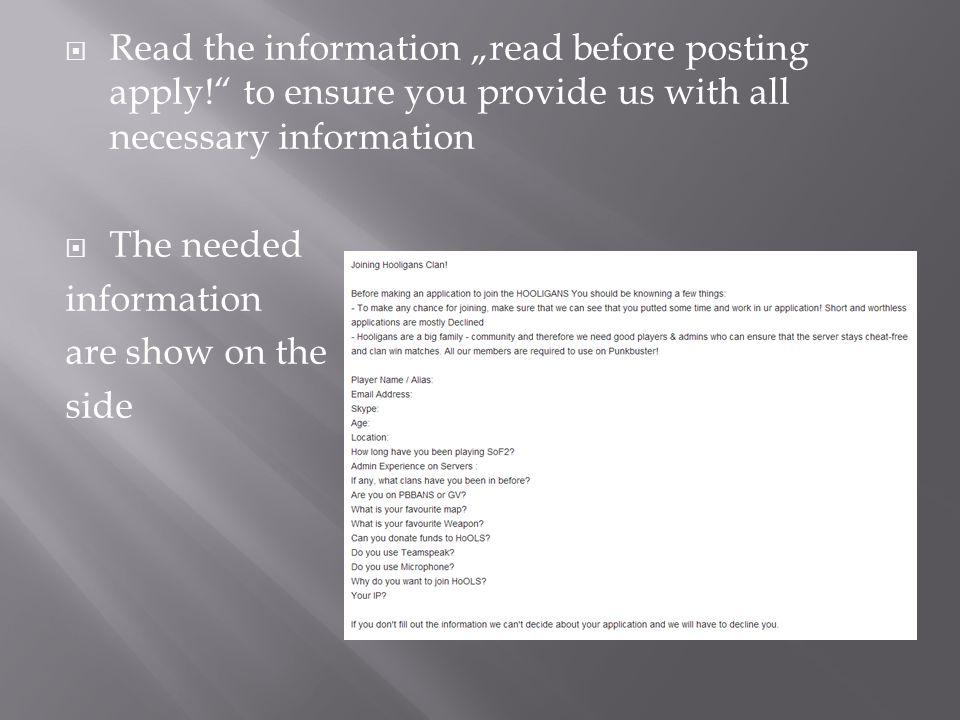 Read the information „read before posting apply