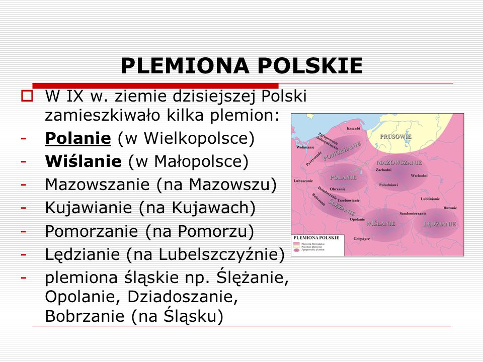 PLEMIONA POLSKIE W IX w. ziemie dzisiejszej Polski zamieszkiwało kilka plemion: Polanie (w Wielkopolsce)