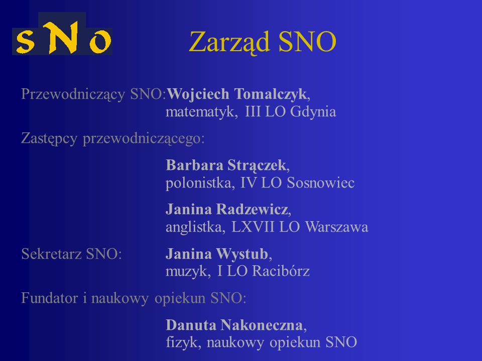 Zarząd SNO Przewodniczący SNO:Wojciech Tomalczyk, matematyk, III LO Gdynia. Zastępcy przewodniczącego: