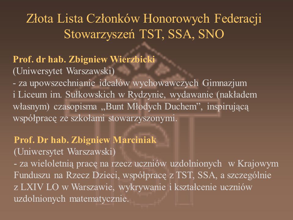 Złota Lista Członków Honorowych Federacji Stowarzyszeń TST, SSA, SNO