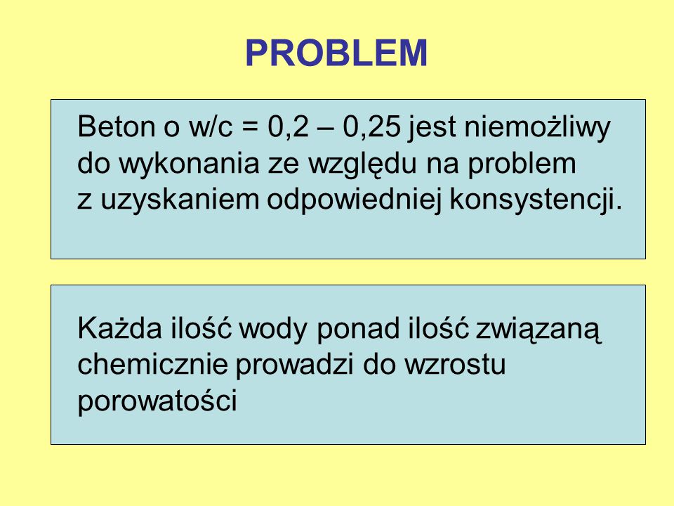 PROBLEM Beton o w/c = 0,2 – 0,25 jest niemożliwy do wykonania ze względu na problem z uzyskaniem odpowiedniej konsystencji.