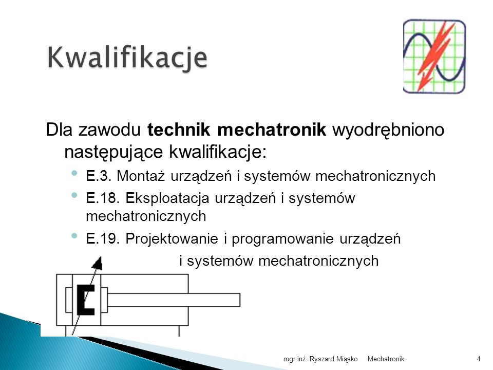 Kwalifikacje Dla zawodu technik mechatronik wyodrębniono następujące kwalifikacje: E.3. Montaż urządzeń i systemów mechatronicznych.