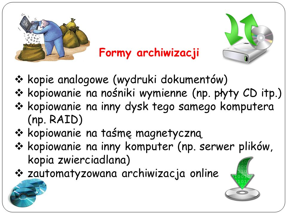 Formy archiwizacji kopie analogowe (wydruki dokumentów) kopiowanie na nośniki wymienne (np. płyty CD itp.)