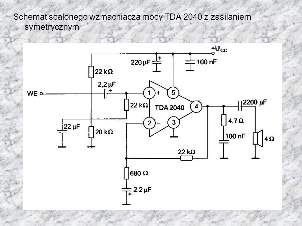 Schemat scalonego wzmacniacza mocy TDA 2040 z zasilaniem symetrycznym
