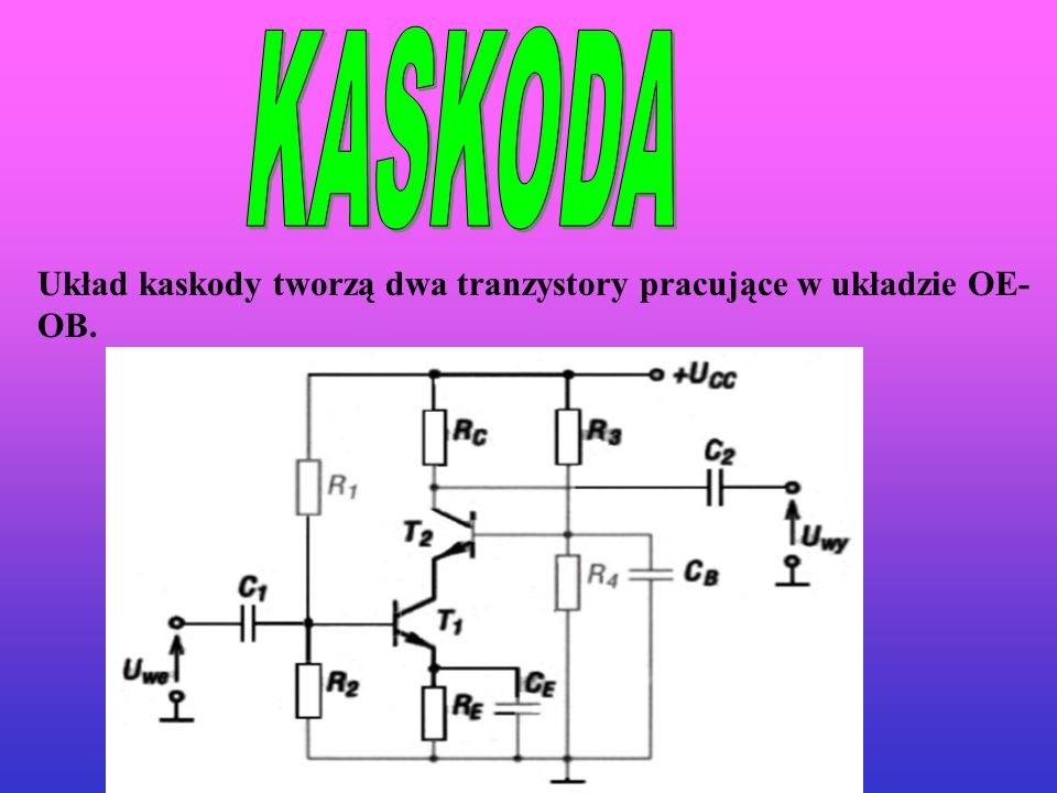 KASKODA Układ kaskody tworzą dwa tranzystory pracujące w układzie OE-OB.