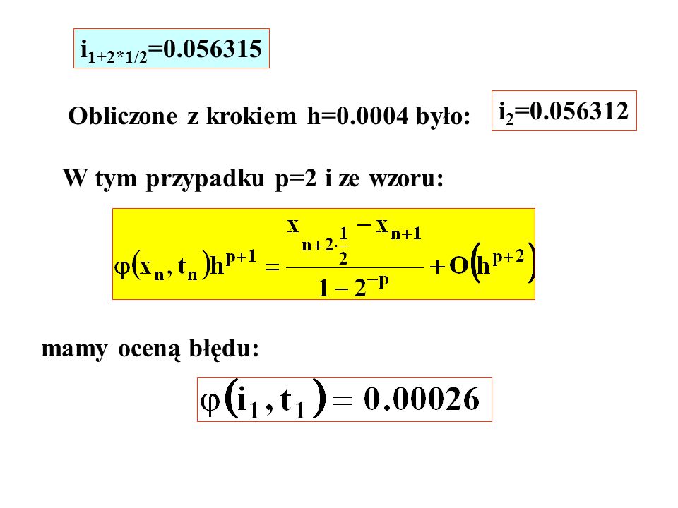 i1+2*1/2= i2= Obliczone z krokiem h= było: W tym przypadku p=2 i ze wzoru: