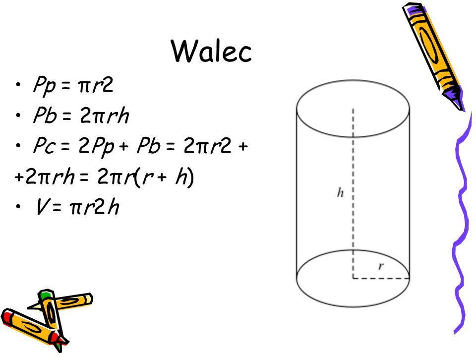 Walec Pp = πr2 Pb = 2πrh Pc = 2Pp + Pb = 2πr2 + +2πrh = 2πr(r + h)