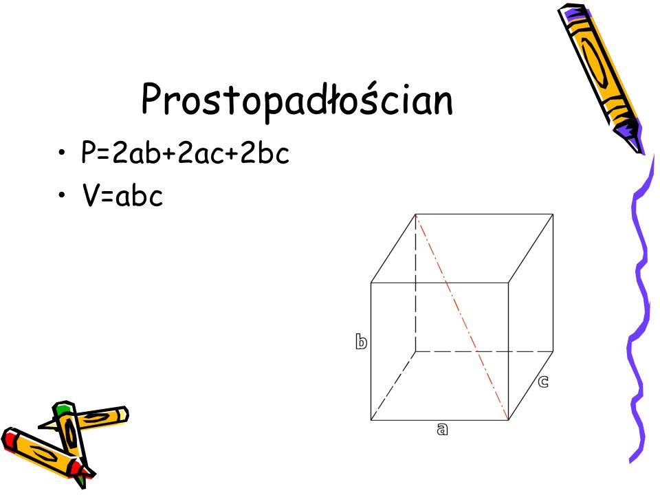 Prostopadłościan P=2ab+2ac+2bc V=abc