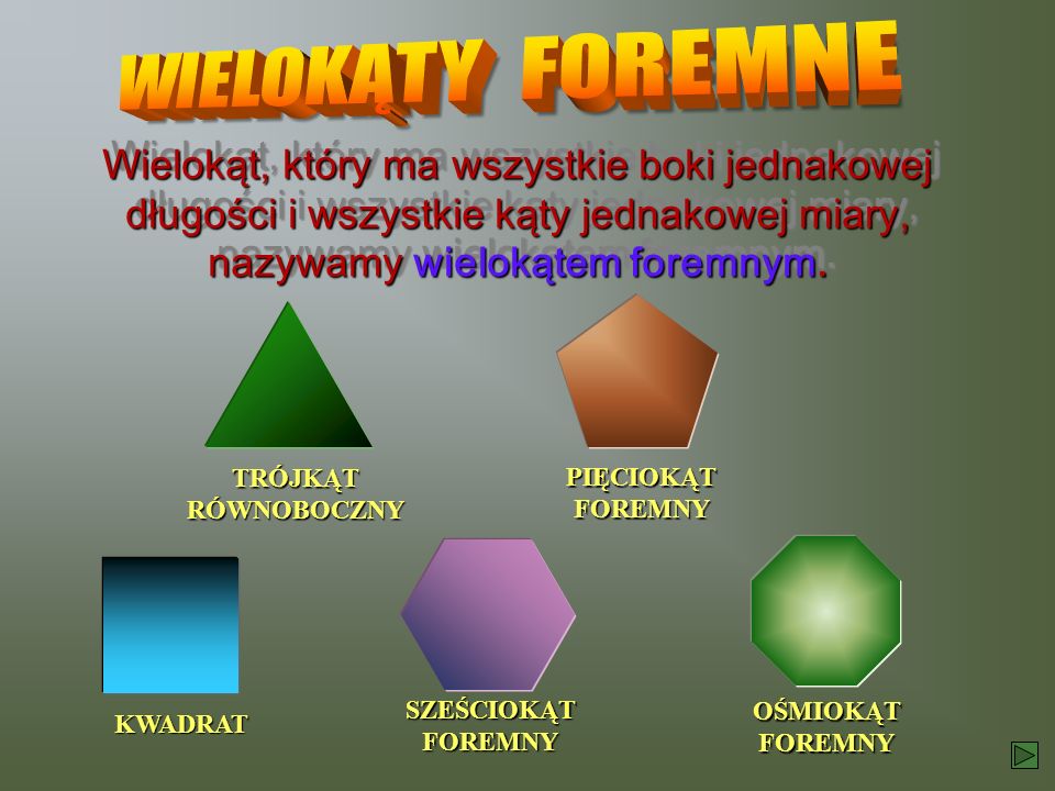 WIELOKĄTY FOREMNE Wielokąt, który ma wszystkie boki jednakowej długości i wszystkie kąty jednakowej miary, nazywamy wielokątem foremnym.
