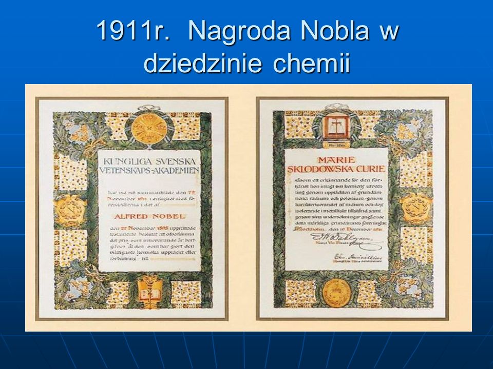 1911r. Nagroda Nobla w dziedzinie chemii