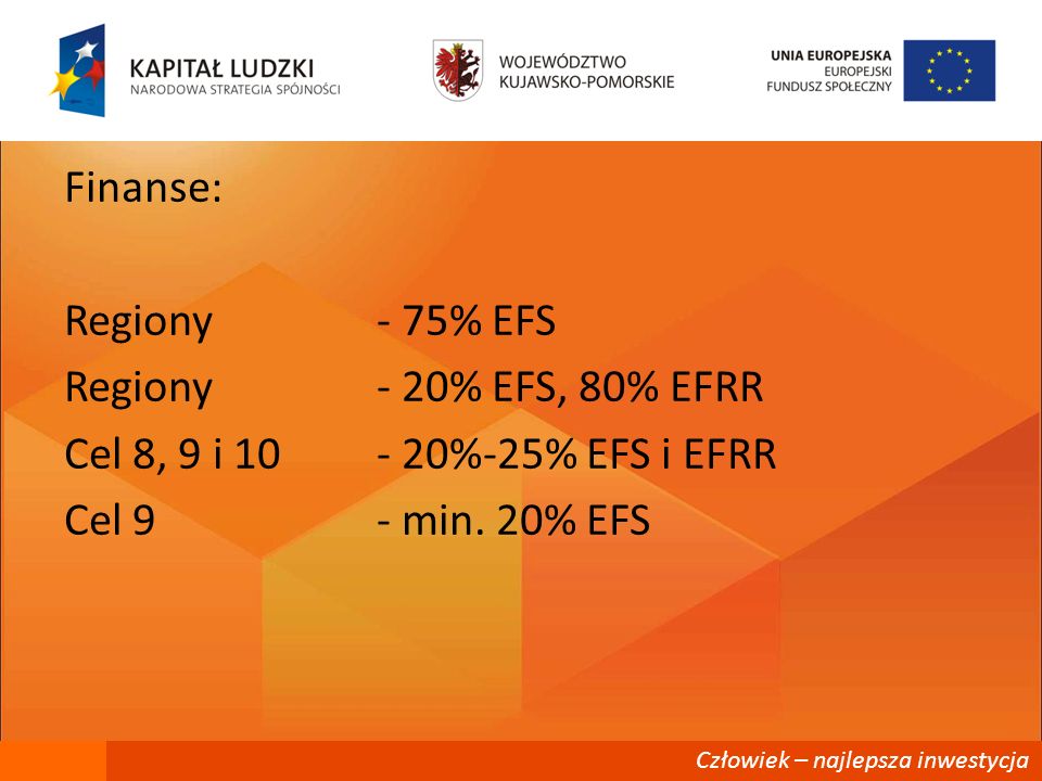 Finanse: Regiony - 75% EFS Regiony - 20% EFS, 80% EFRR Cel 8, 9 i %-25% EFS i EFRR Cel 9 - min. 20% EFS