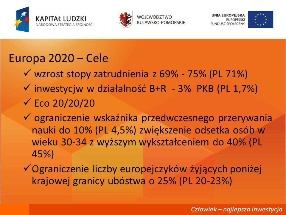 Europa 2020 – Cele wzrost stopy zatrudnienia z 69% - 75% (PL 71%)