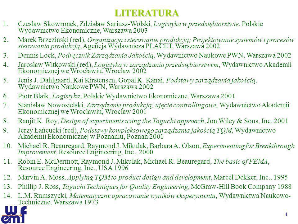 LITERATURA Czesław Skowronek, Zdzisław Sariusz-Wolski, Logistyka w przedsiębiorstwie, Polskie Wydawnictwo Ekonomiczne, Warszawa