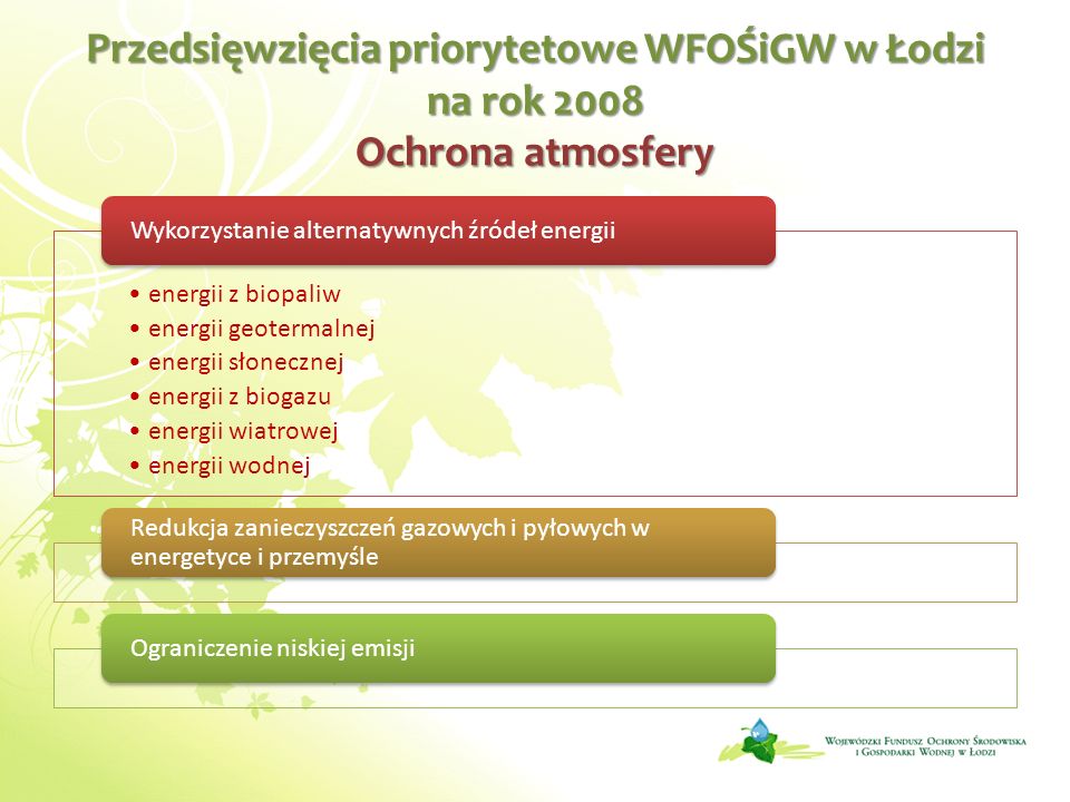 Przedsięwzięcia priorytetowe WFOŚiGW w Łodzi na rok 2008 Ochrona atmosfery