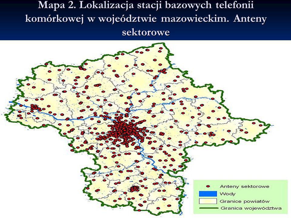 Mapa 2. Lokalizacja stacji bazowych telefonii komórkowej w wojeództwie mazowieckim. Anteny sektorowe