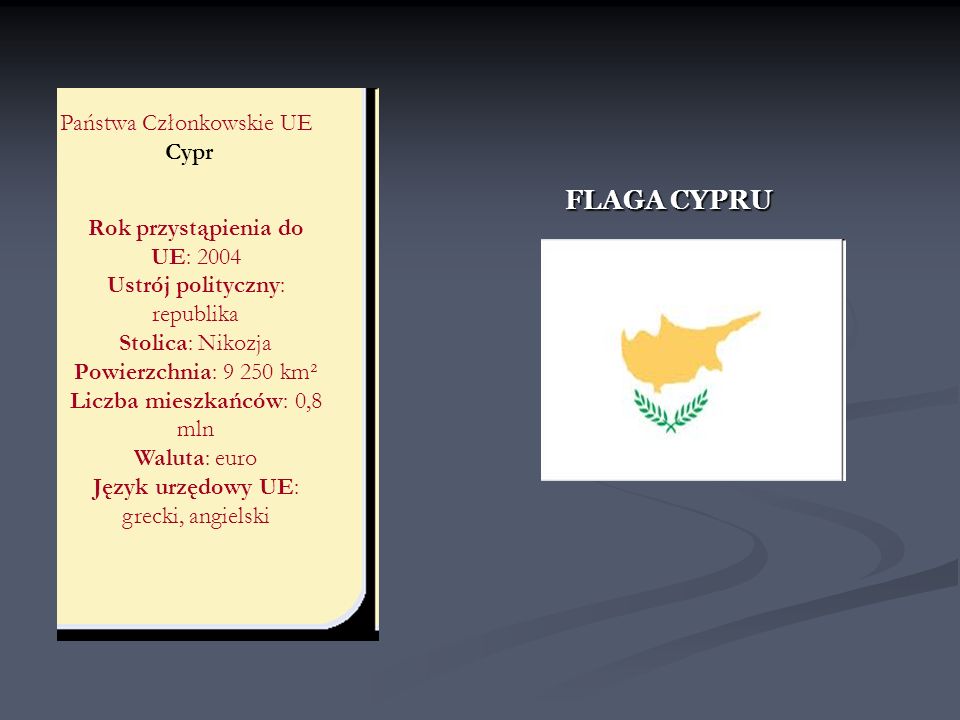 FLAGA CYPRU Państwa Członkowskie UE Cypr Rok przystąpienia do UE: 2004
