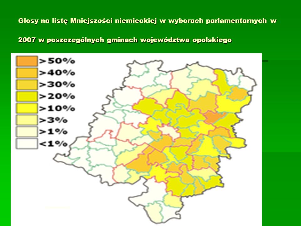 Głosy na listę Mniejszości niemieckiej w wyborach parlamentarnych w 2007 w poszczególnych gminach województwa opolskiego