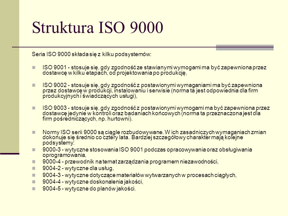 Struktura ISO 9000 Seria ISO 9000 składa się z kilku podsystemów: