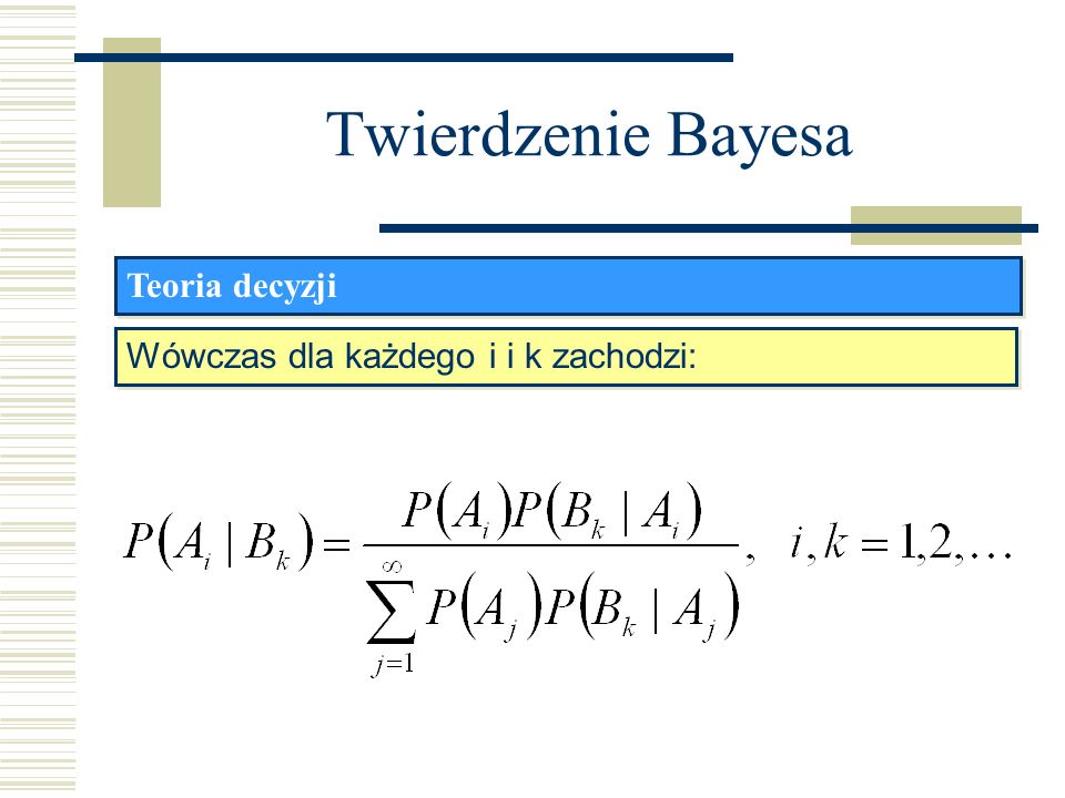 Twierdzenie Bayesa Teoria decyzji Wówczas dla każdego i i k zachodzi: