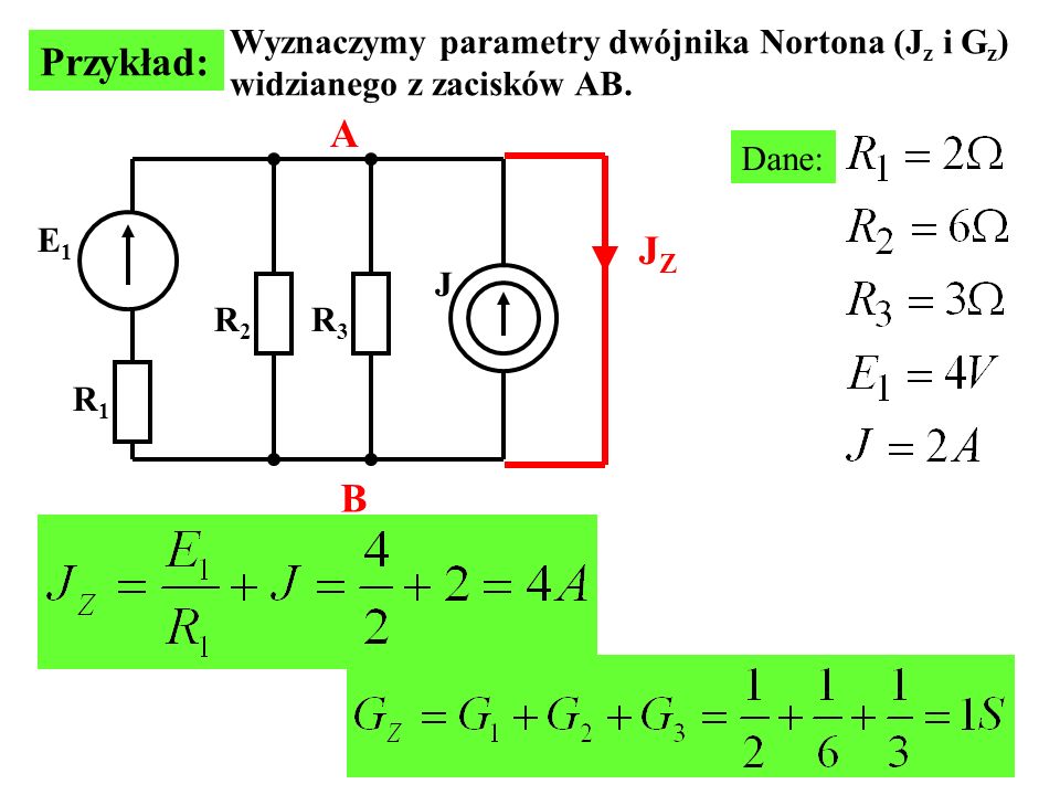 Przykład: A JZ B Wyznaczymy parametry dwójnika Nortona (Jz i Gz)
