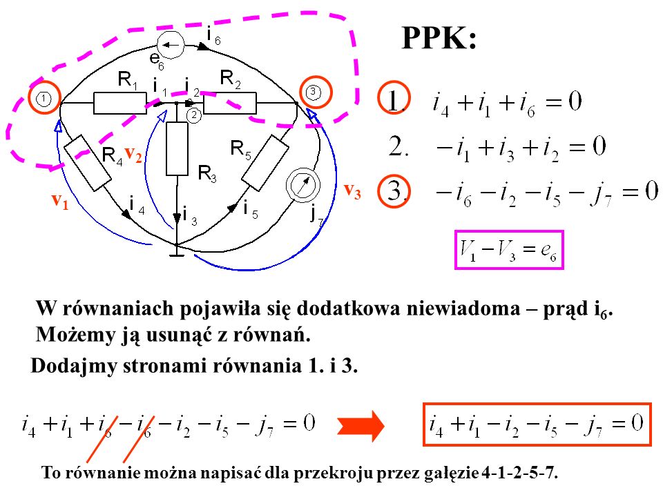 PPK: v2. v3. v1. W równaniach pojawiła się dodatkowa niewiadoma – prąd i6. Możemy ją usunąć z równań.