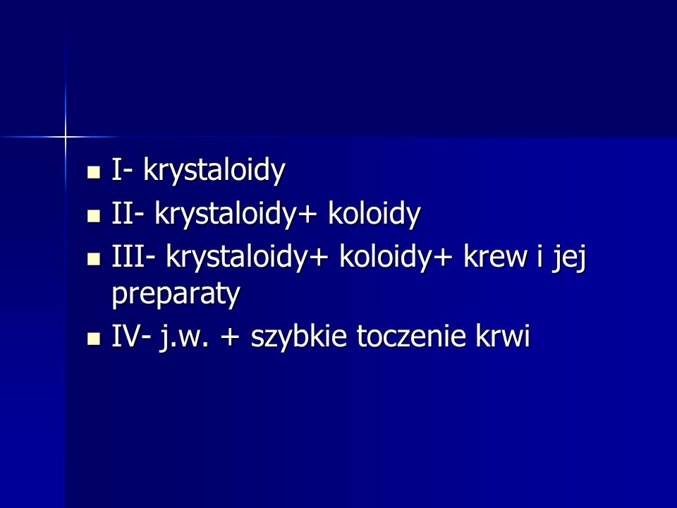 I- krystaloidy II- krystaloidy+ koloidy. III- krystaloidy+ koloidy+ krew i jej preparaty.
