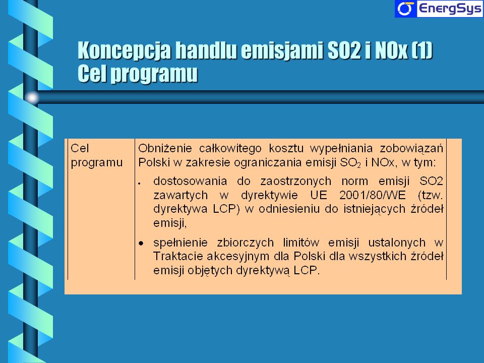 Koncepcja handlu emisjami SO2 i NOx (1) Cel programu