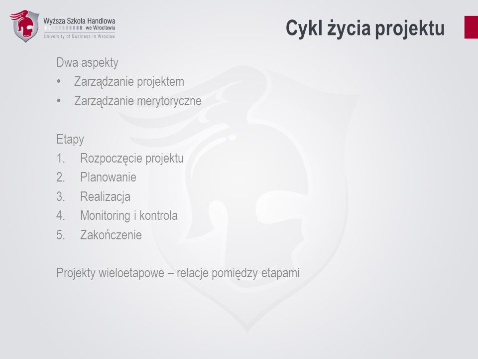 Cykl życia projektu Dwa aspekty Zarządzanie projektem
