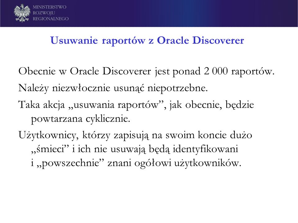 Usuwanie raportów z Oracle Discoverer