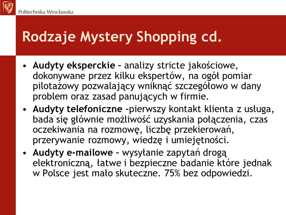 Rodzaje Mystery Shopping cd.