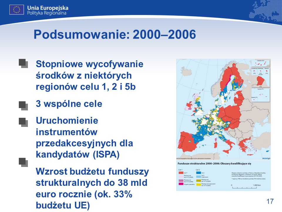 Podsumowanie: 2000–2006 Stopniowe wycofywanie środków z niektórych regionów celu 1, 2 i 5b. 3 wspólne cele.