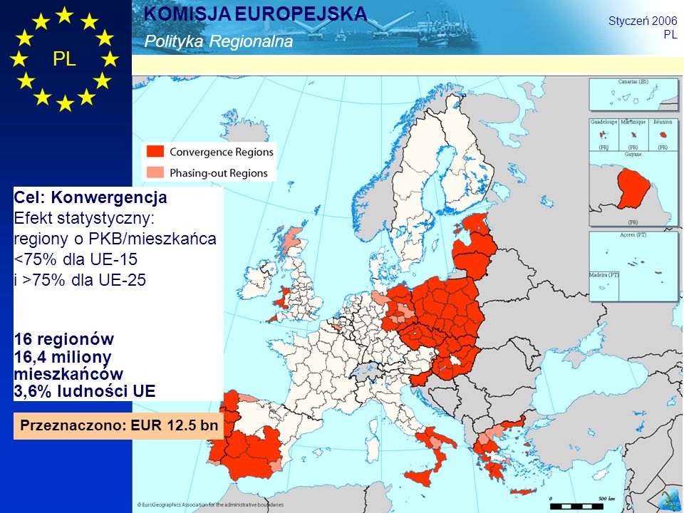 regiony o PKB/mieszkańca <75% dla UE-15 i >75% dla UE-25